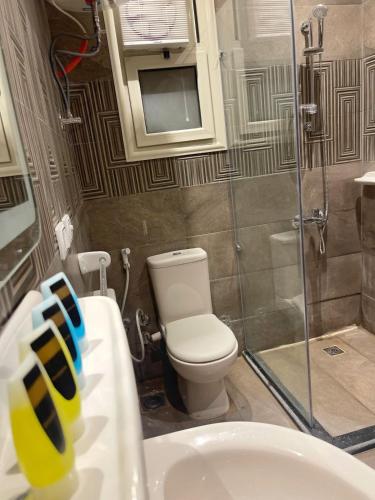 a bathroom with a toilet and a sink and a shower at Mirage pyramids view hotel in Cairo