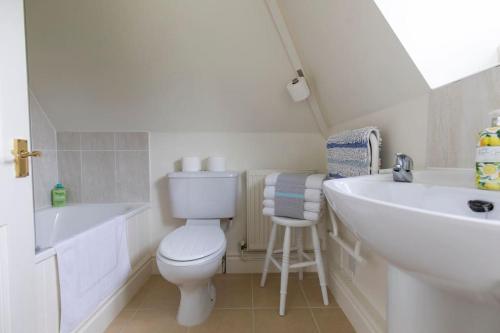 a white bathroom with a toilet and a sink at Cotswold Stable Cottage in Bibury