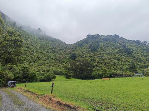 a dirt road next to a field with a mountain at Gumboot Paradise Eco Stay in Barrytown