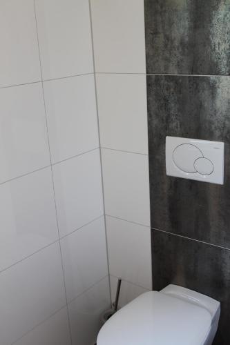 a bathroom with a white toilet and a wall at Ferienhaus Alpen Lodge und die Gams in Neurur