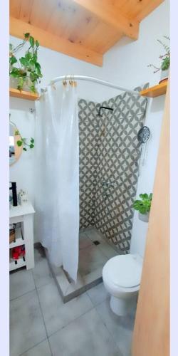 a bathroom with a toilet and a shower with a shower curtain at Mini casa relajante in Balneario El Condor