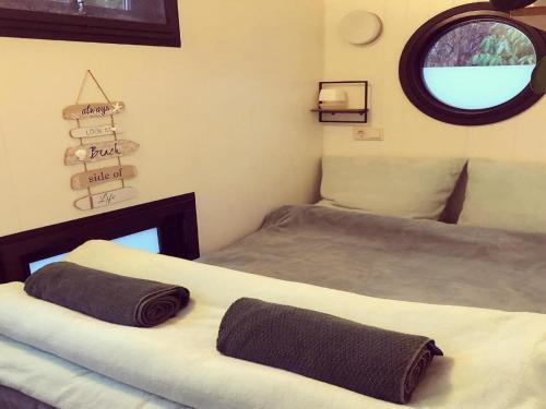 LathumHouseboat in Lathumse Plas with Harbor Views的有两张床和一面镜子的卧室