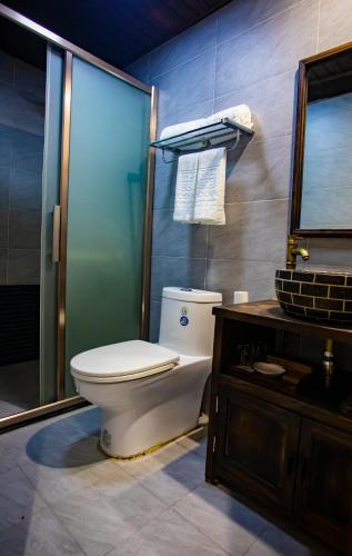 a bathroom with a toilet and a shower and a sink at Pingyao Grand Theater Guild Hall East Garden in Pingyao