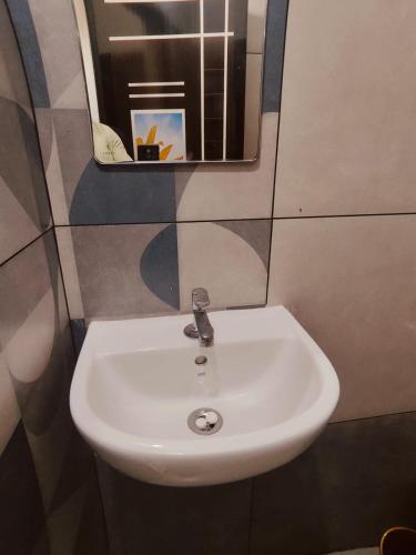 a white sink in a bathroom with a mirror at Palm Paradise Home Stay in Varkala