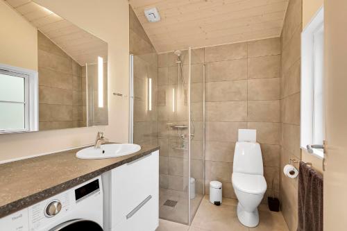 a bathroom with a toilet and a sink and a shower at Beautiful Newly Built House In Lovely Surroundings in Ebeltoft