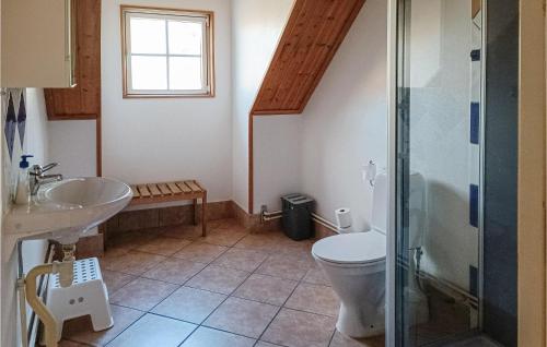 a bathroom with a toilet and a sink and a shower at Lovely Home In Köpingsvik With Sauna in Grönskog