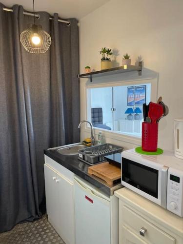 une cuisine avec un évier et un micro-ondes sur un comptoir dans l'établissement Deauville studio en bord de mer, à Deauville