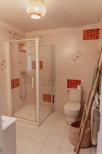une salle de bain avec douche et toilettes dans l'établissement GITE LE TILLEUL, à Mormoiron