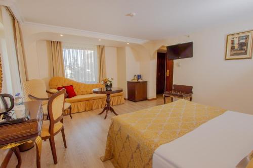 a hotel room with a bed and a couch at Hotel Ickale in Ankara