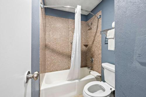 a bathroom with a white toilet and a shower at Quality Inn & Suites Fayetteville I-95 in Fayetteville