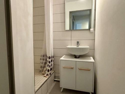 une salle de bain avec un lavabo et un miroir dans l'établissement Appartement studio cabine- Argelès sur mer AR070-202, à Argelès-sur-Mer