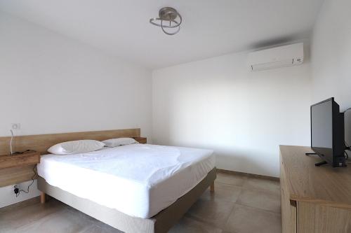 une chambre avec un lit et une télévision à écran plat dans l'établissement T2 Azur - Plage & commerces à 200m- Barbecue - Parking - Wifi, à Albitreccia