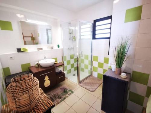 a bathroom with a sink and a shower at Appt Monoï meublé 4 étoiles à 300m du Lagon St Leu in Saint-Leu