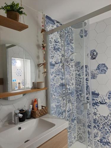 La salle de bains est pourvue d'une douche et d'un lavabo blanc. dans l'établissement Bel appartement avec jardin, à Montpellier