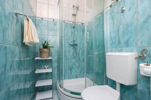 ein Bad mit einem WC und einer Dusche mit blauen Fliesen in der Unterkunft Apartment Andjelko G in Šilo