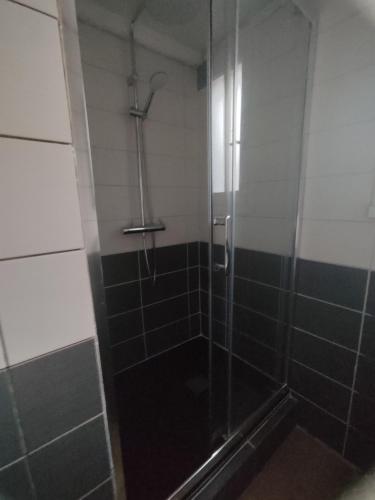 une douche avec une porte vitrée dans une salle de bain dans l'établissement appartement dans maison de village, à Pinet