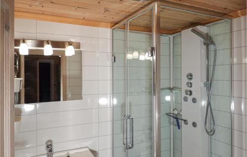 a bathroom with a shower and a sink and a mirror at Nice Home In Lindesnes With Sauna in Svenevik