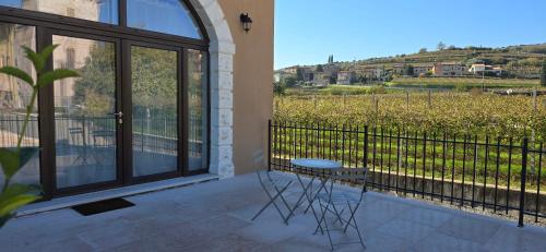 a patio with a chair and a view of a vineyard at Agriturismo Igino - Camera in Casale con cucina condivisa e spazi comuni, giardino, patio, parcheggio, wineshop, wifi - Immerso nei vigneti in Negrar