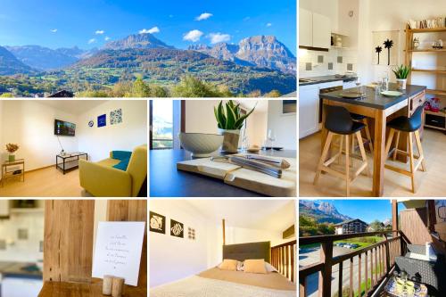 un collage de photos avec vue sur les montagnes dans l'établissement Le coin cosy des 4 têtes - balcon - Netflix, à Sallanches