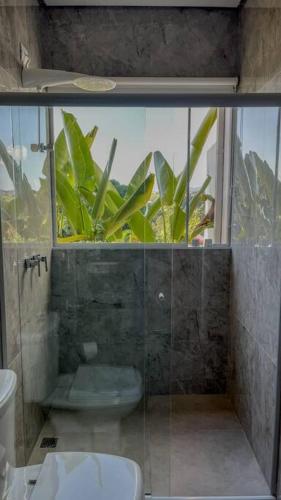 a bathroom with a glass shower with a toilet and plants at Suíte Com Hidro - Refugio das Lavandas - Socorro SP in Socorro