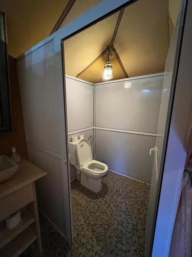 a small bathroom with a toilet and a sink at Khadija Desert Camp in Merzouga