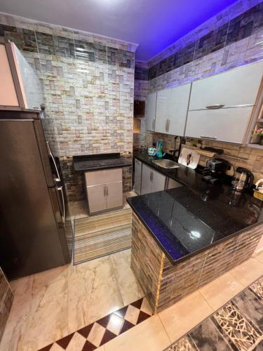 a kitchen with a sink and a refrigerator at Pyramid Heights Apartments in Cairo