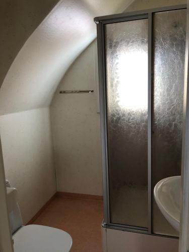 a bathroom with a shower and a sink at Strandvägen 6A Ragnhild in Järvsö