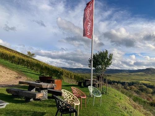 a flag with chairs and a picnic table in the grass at MoselHoch in Klüsserath