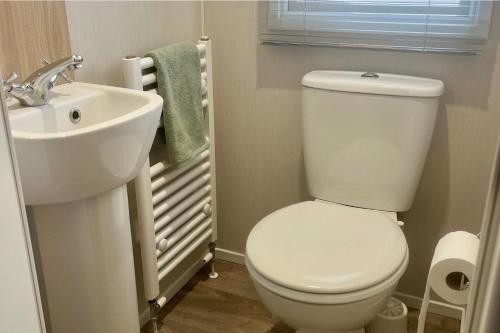 a bathroom with a white toilet and a sink at Surfside Bliss - Cayton Bay Park caravan in Scarborough
