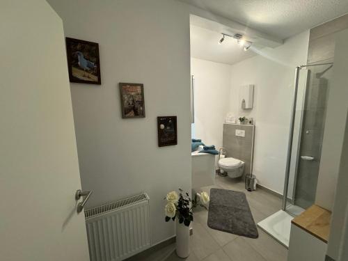 a white bathroom with a shower and a toilet at Ferienwohnung Sylt in Meinerzhagen