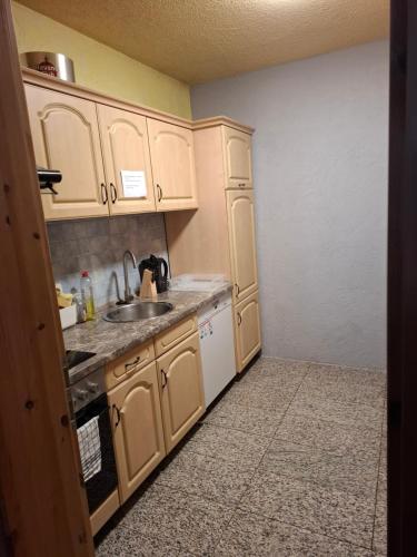 a small kitchen with white cabinets and a sink at Ferienhof Hanstorf in Satow
