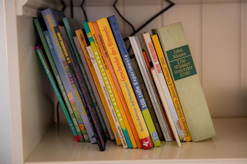 a row of books sitting on a shelf at Yello Homes - Gemütliche und luxuriöse Wohnung - mit Sauna, Garten, und Heimkino für 6 Personen in Anger