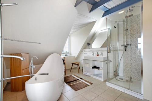 a bathroom with a shower and a toilet and a sink at Fewo Kastanienhof in Pellworm