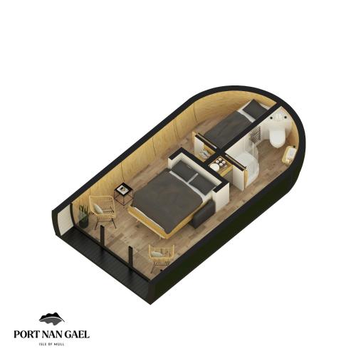 a rendering of a port mayan boat at Port Nan Gael Pods in Pennyghael