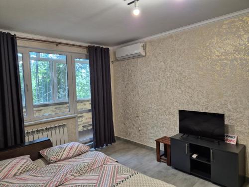 a bedroom with a bed and a tv on a wall at Центр Проспект Центральный 184 АТБ in Mykolaiv