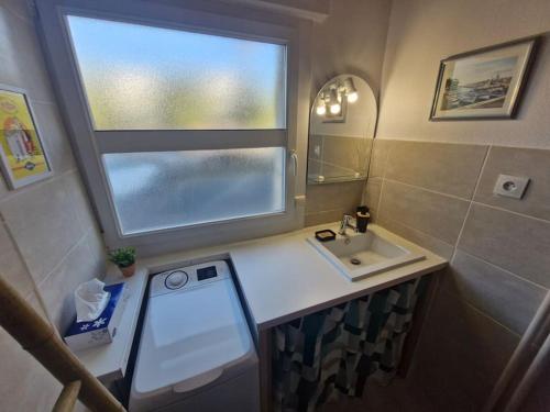 une petite salle de bain avec un lavabo et une fenêtre dans l'établissement Les Coquelicots - Fréjus Plage, à Fréjus