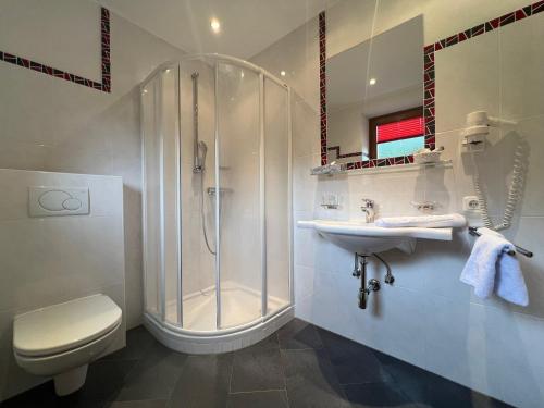 a bathroom with a shower and a toilet and a sink at Hotel Garni Burger in Sankt Jakob in Defereggen