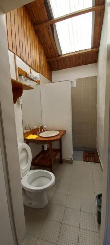 a bathroom with a toilet and a table in it at ESTANCIA LA SERENA in Perito Moreno