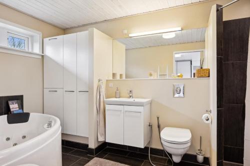 a bathroom with a sink and a toilet and a tub at Amazing Home In Ebeltoft With 3 Bedrooms, Sauna And Internet in Ebeltoft