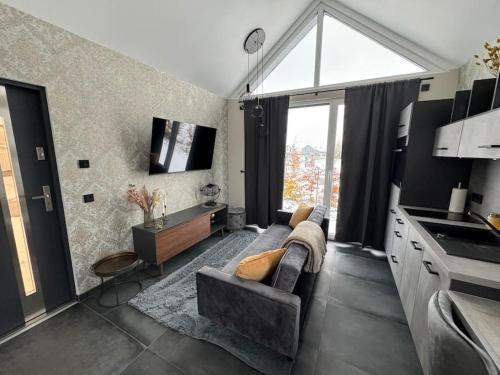 LöbnitzTiny Ferienhaus Oskar 100m Entfernt zum See Strand的客厅里有一张沙发和一个厨房