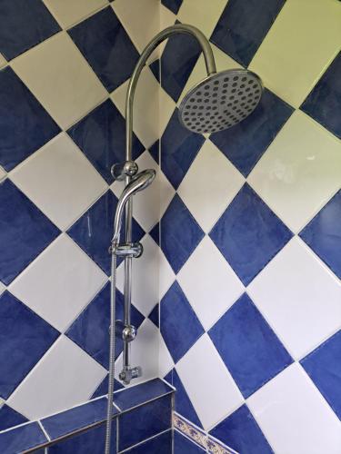 La salle de bains est pourvue d'une douche et de carrelage bleu et blanc. dans l'établissement Gîte L'étape 6 chambres, à Redon