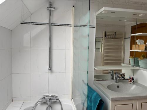 a bathroom with a shower and a sink at Le So Art, grande maison 4 chambres, terrain de pétanque, grand jardin clos, flipper, babyfoot, jeux Arcade, ping pong,1 km mer, proche golf, Port en Bessin, Bayeux et plages du débarquement, adaptée enfants in Commes