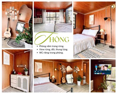 a collage of photos of a bedroom with a bed and a guitar at Nhà Chạng Vạng in Ấp Ða Lợi