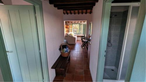 einen Flur eines Hauses mit ebenerdiger Dusche in der Unterkunft Il Plumbago - Elba Affitti in Mortigliano