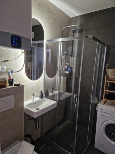 un baño con ducha y lavabo en Rosemary, en Podgorica