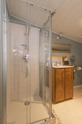une douche en verre dans une salle de bain avec un lavabo dans l'établissement Gîte Nature, à Lorgues