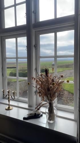 a window with a vase of flowers on a window sill at Bjerremark Hotel og Kursuscenter in Tønder