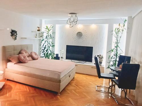a bedroom with a bed and a flat screen tv at Deluxe Jade Apartmens in Niš