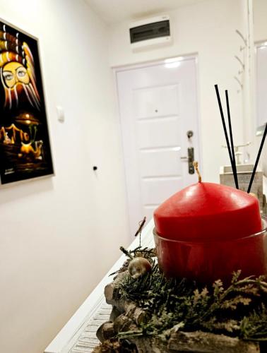 a red bowl sitting on top of a table at Deluxe Jade Apartmens in Niš
