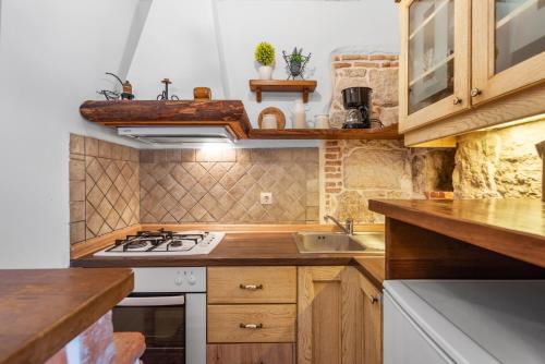a small kitchen with a stove and a sink at Alba Sanja i Teran in Funtana